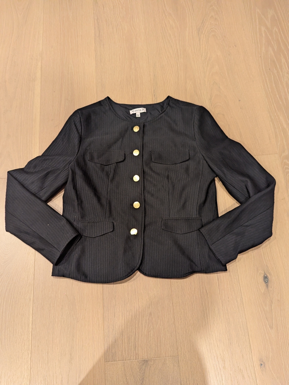 Collarless Black Women's Jacket with Gold Buttons